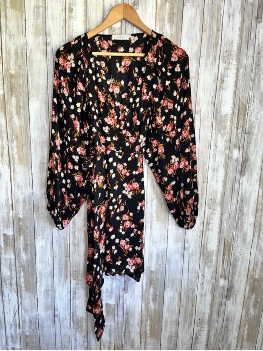 A.L.C Carlo Silk Wrap Dress Black Pink Floral Long Sleeve V-Neck Tie Waist Mini - Picture 2 of 8